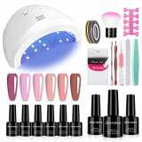 Jeensley Juego de Esmalte de Uñas en Gel de 6 Colores 7.5 ml, Kit de Inicio de Manicura Todo en Uno, con Lámpara LED UV de 48 W, Capa Base y Superior, Herramientas para Uñas, Tono Rosa