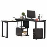 HOMCOM Mesa Escritorio en L Mesa para Computadora Giratoria 360 Grados Múltiples Formas con Estante en S de 2 Niveles Gran Espacio de Almacenaje 220x55x76 cm Negro