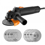 Amoladora Angular, Multi-function Amoladora 750W de 115 mm y 12000 RPM con 6 Ruedas Esmerilar/Pulir/Cortar, 1 Cubiertas Protectoras de Ruedas y 1 Mango Auxiliar, Para Trabajos de Rectificado
