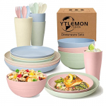 Vajilla de 28 piezas con 4 platos grandes, 4 platos de postre, 4 cuencos para aperitivos, 4 tazas, 4 cuchillos, tenedores y cucharas de colores, adecuada para la cocina, el camping y los viajes