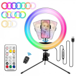 ANVAVA Anillo de Luz con Trípode 10″ Aro de Luz LED 10 Brillos Luz de Anillo RGB con Control Remoto Bluetooth para Movil Selfie Maquillaje Fotografía Youtube TIK Tok…