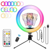 ANVAVA Anillo de Luz con Trípode 10″ Aro de Luz LED 10 Brillos Luz de Anillo RGB con Control Remoto Bluetooth para Movil Selfie Maquillaje Fotografía Youtube TIK Tok…