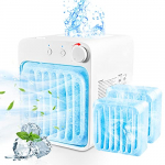 Mini Enfriador de Aire Acondicionado Portati USB 4en1 Ventilador Humidificador Velocidad Ajustable Enfriador Evaporativo con Luz LED 600ML Tanque de Agua para Caravana Oficina Escritorio, Sin Batería