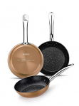 Monix M740040 Copper – Set de 3 Sartenes Efecto Cobre, Aluminio Forjado Antiadherente con Partículas de Titanio, Aptas para Todo Tipo de Cocinas incluso Inducción, 20-24-28 cm