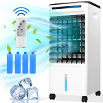 Enfriador de Aire, Aire Acondicionador Móvil 65W, 3 Modos Climatizadore Evaporativo 4 en 1, Purificador, Humidificador, Ventilador, Temporizador de 1-7 H, con Ruedas, 5L Tanque de Agua, Control Remoto