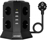 HOVNEE Regleta Vertical Torre Enchufes proteccion sobretension de 8 Tomas Corrientes y 4 Rápida USB Tomas, Cable de extensión de seguridad de 2m y Interruptor, Tapón de Seguridad, 2500W/10A
