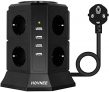 HOVNEE Regleta Vertical Torre Enchufes proteccion sobretension de 8 Tomas Corrientes y 4 Rápida USB Tomas, Cable de extensión de seguridad de 2m y Interruptor, Tapón de Seguridad, 2500W/10A