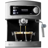 Cecotec Cafetera Express Manual Power Espresso 20. 850W, Presión 20 Bares, Depósito de 1,5L, Brazo Doble Salida, Vaporizador, Superficie Calientatazas, Acabados en Acero Inoxidable