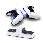 Lioncast Cargador de Mandos PS5 – Base de Carga Doble Compatible con Mandos DualSense de la Consola Playstation 5 Sony – Luces LED Rojo y Azul, Puerto de Carga USB Adicional para Accesorios de Juegos