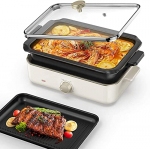 Plancha de Asar y Sartén Profunda, Olla Multifuncional de 1400 W con Plancha Eléctrica para Cocinar y Sartén Eléctrica, Revestimiento Antiadherente para Asar, Freír, Hervir, Guisar, Cocinar al Vapor