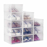 amzdeal Cajas de Zapatos Plásticas 12 Pcs – Organizador de Zapatos Transparente, Apilable y Impermeable, Caja de Almacenamiento Plegable, Ahorra Espacio, Zapateros para Hombres y Mujeres 33×23×14cm