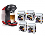 Bosch Hogar TAS1003 TASSIMO Happy Cafetera de cápsulas, 1400 W, color rojo y negro y TASSIMO L’Or Café Lungo Profondo – 5 paquetes de 16 cápsulas: Total 80 unidades