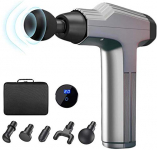 Pistola Masaje Profesional- Masajeador con 20 Niveles Ajustables Pistola Masajeadora Muscular 5 Cabezas de Masaje, Ultra Silencioso, Pantalla LCD, Aliviar el dolor de hombro y pierna (Gris)