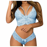Btruely Conjunto de sujetador para mujer, lencería de encaje, conjunto de ropa interior transparente, cuello en V, lencería erótica, sujetador y braguita (Azul, XL)