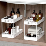 SPACEKEEPER Organizador de almacenamiento para debajo del fregadero, cesta de colección de baño deslizante con ganchos, estante de almacenamiento multiusos, blanco, paquete de 2