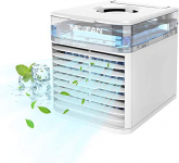 VOLUEX Mini Enfriador de Aire, Mini Acondicionador de Aire Móvil, 4 en 1 Purificador Humidificador Aromaterapia Luz Nocturna, 7 Colores Luces 3 Velocidades, Trabajo y Hogar
