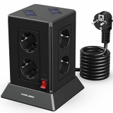 YARUIKE Regleta Vertical Torre Enchufes de 8 Tomas Corrientes 2500W/10A y 8 Rápida USB Tomas 5V/4,8A,Toma de Corriente con Protección contra Sobrecargas y Interruptores,Base Múltiple,Cable de 2M