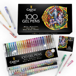 Castle Art Supplies 100 bolígrafos de gel con estuche, para adultos. Libros para colorear, dibujo, scrapbooking, escritura. Kit de puntas finas con remolino, pastel, metálico, brillo y neón.