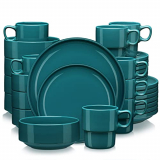 LOVECASA Juego de Vajillas Redondos de 32 Piezas, Vajilla de Porcelana, Cada Una con 8 Cuencos, 8 Tazas, 8 Platos de Postre y 8 Platos de Cena, Verde Oscuro