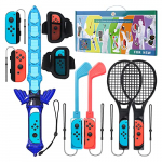 9 en 1 Kit de Accesorios para Nintendo Switch Sports, Accesorios para Juegos Nintendo Switch con Raquetas de Tenis, Palos de Golf, Correa de Pierna de Fútbol, Muñequeras, Espada de Juego