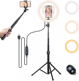 Luz de Anillo, Tomshine 10″ LED Regulables Aro de Luz con Trípode Soporte 1.5m para con Control Remoto BT, 3 Modos Luz 10 Brillo, para Transmisión en Vivo, Selfie, Maquillaje, Youtube