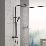 CECIPA Columna Ducha Termostática, Negro Set de Ducha con 9.5″ Ducha de Lluvia + Ducha de Mano, Barra de Ducha 85-120cm Ajustable
