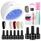 Jeensley Juego de Esmalte de Uñas en Gel de 6 Colores 7.5 ml, Kit de Inicio de Manicura Todo en Uno, con Lámpara LED UV de 48 W, Capa Base y Superior, Herramientas para Uñas, Negro Blanco Rojo