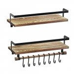 SHAN ZU Juego de 2 estantes flotantes montados en la pared, estante de almacenamiento de madera rústica con barra de toalla y 8 ganchos extraíbles para organizador de dormitorio baño cocina