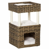 Pawhut Árbol Rascador para Gatos de Ratán Torre de Gatos Mediano con Cueva 2 Camas Postes de Sisal Natural y Cojines Lavables de Felpa Suave 40x40x70 cm Marrón