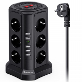 Sameriver Regleta Vertical,Regleta 12 Enchufes y 5 USB Rápida Tomas,Alargador Enchufe 5M,Torre enchufes Proteccion sobretension,Base enchufes Multiple de Seguridad 2500 W/10 A