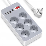 ZORQ Regleta Enchufe,4 Puertos de USB(3 USB A+1 USB C) y 6 Tomas Regleta Proteccion Sobretension Enchufe Alargador Multiple Carga para iPad iPhone Tablets – Cable 1.2m-Gris