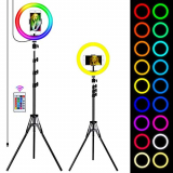 Queta Aro de Luz Trípode LED, Anillo de Luz 7 Colores RGB de 10″ 2 Modo 10 Brillo Ajustable con Control Remoto Inalámbrico para Selfie Fotografía Youtube Maquillaje para Móvil, Tripode Ajustable 1.7m