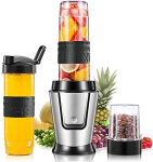 Batidora de Vaso Individual, Mini Batidora 3 en 1 – Smoothie maker, Molinillo para Café y Especias, 2 Botellas deportivas Tritan, 25000 RPM, 10s Mezclar Rápidamente, Cuerpo de Acero Inoxidable, 500W