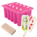 Nuovoware Molde de Helado Rectangular con 10 Unidades y 100 Palos de Paletas, 29 x 16 x 12 cm Bandeja de Hielo Silicona Grado Alimenticio Reutilizable Gran Capacidad Fácil de Desmoldar – Rosa