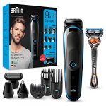 Braun MGK5280 9 en 1 – Máquina recortadora de barba, set de depilación corporal y cortapelos para hombre, color negro/azul, Maquina cortar pelo