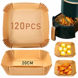 Papel para Freidora de Aire 120 Piezas, Forro de Papel Desechable Esteras Cuadrado de Pergaminos Antigrasa Papel de Aceite Silicona Antiadherente Aplicar a Air Fryer, 7.9 Pulgadas