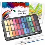 WOSTOO Set de Pintura de Acuarelas-50 Pzas Caja de Acuarelas Portátil Set de Pigmento Sólida-36 Colores,2 Cepillos de Depósito de Agua, 2 Pincel de Nylon y 10 Papel, Caja Acuarelas Profesionales