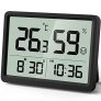 DOOMAY Termómetro digital Higrómetro de interior: Pequeño monitor de temperatura y humedad con grandes dígitos LCD y hora fecha, Higrómetro de precisión calibrable para Hogar Garaje (Negro)