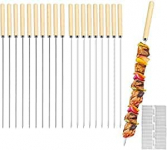 E-More Brochetas de Barbacoa, 20 Piezas Brochetas Acero Inoxidable Kebab de Pinchos Asar Barbacoa Stick Pinchos con Mango de Madera, 33CM, con Dispositivo Quick Meat String