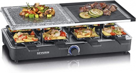 SEVERIN Raclette con piedra natural y placa de parrilla, grill con parrilla antiadherente y 8 sartenes, parrilla eléctrica para 8 personas, máx. 1400 W, negro, RG 2371