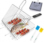 E-More Barbacoa Cesta para Asar a la Parrilla, Cesta de Parrilla de Barbacoa de Acero Inoxidable Plegable portátil para filetes de camarones, 2 Pinceles de Cocina y Bolsa de Almacenamiento, 31x25CM